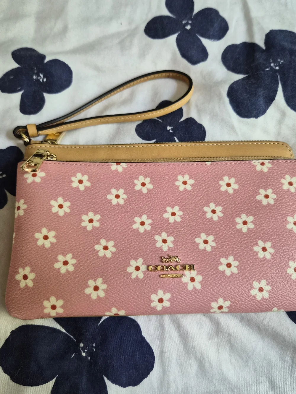 Coach Pink Floral Wristlet with Tan Trim and Gold Hardware